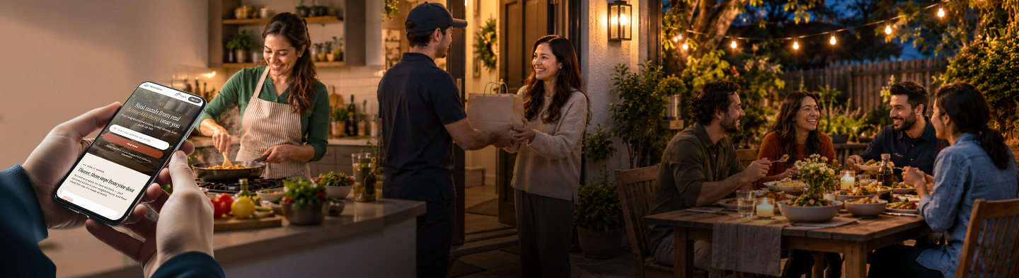 A home cook at the stove, an order handed over at the door, and neighbours sharing a meal in the garden — with the Hearthfare app in hand